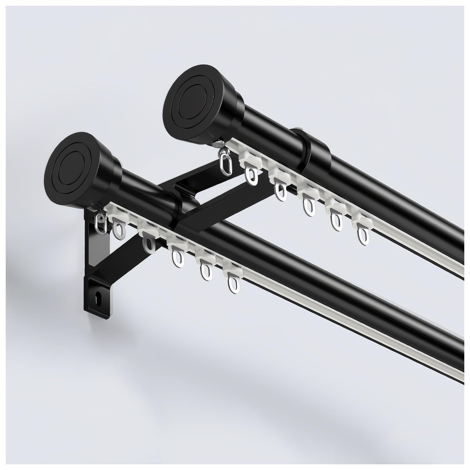 Roman Curtain Track, Double Curtain Rods with Cap Finial & Brackets, Aluminum Rail Silent Curtains Rails System for Shower Bay/Window/RV/Room Divider(Black,90CM)
