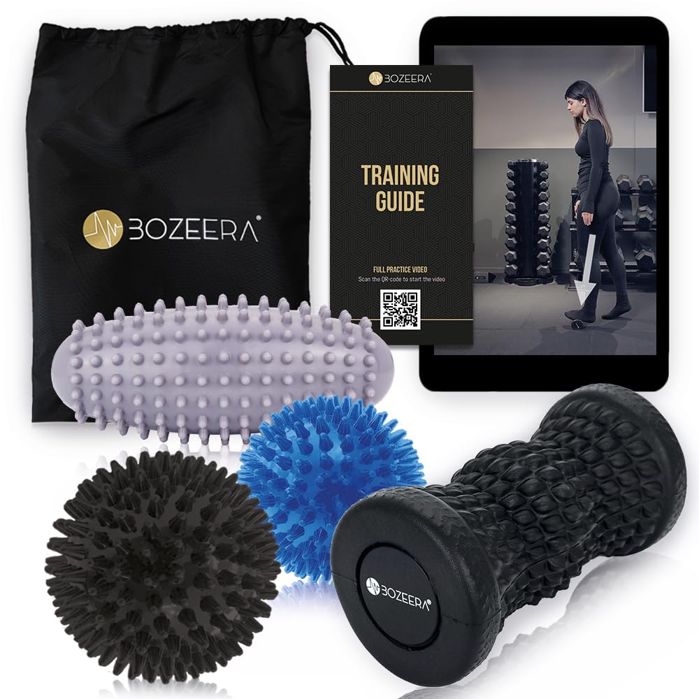 BOZEERA | Rouleau Massage Pied, 2X Massage Ball Picot & Ball Picot Ovale | Reflexologie Plantaire, Soulagement Musculaire, Aponévrosite Plantaire | Avec Vidéo, Poster & Sac