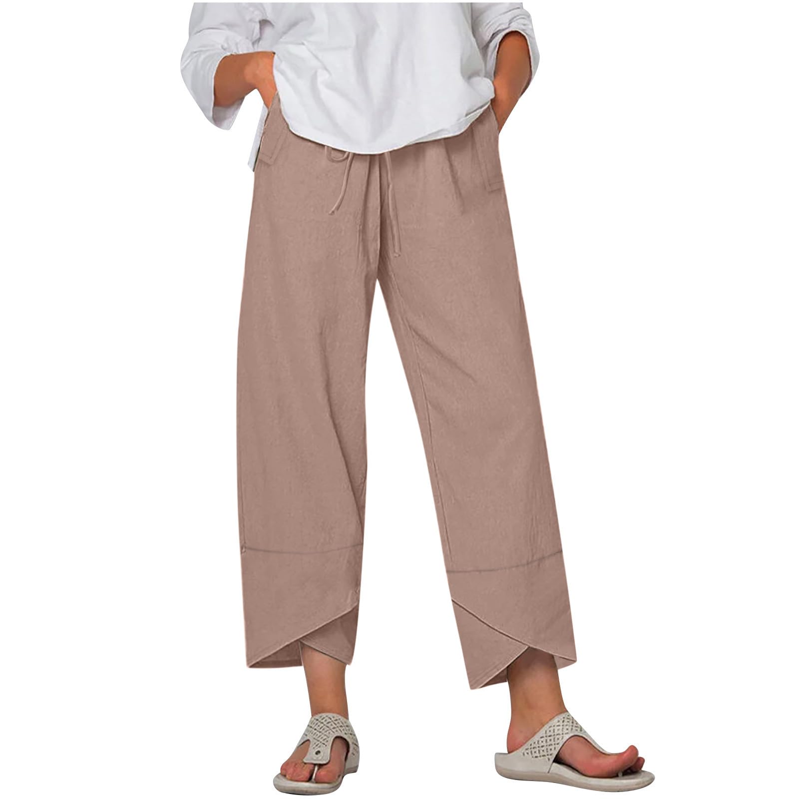 Capris Women Casual Linen Pants High Waist Womens Fall Fashion 2023 Comfy Tulip Hem Pants Cropped Trousers Pockets