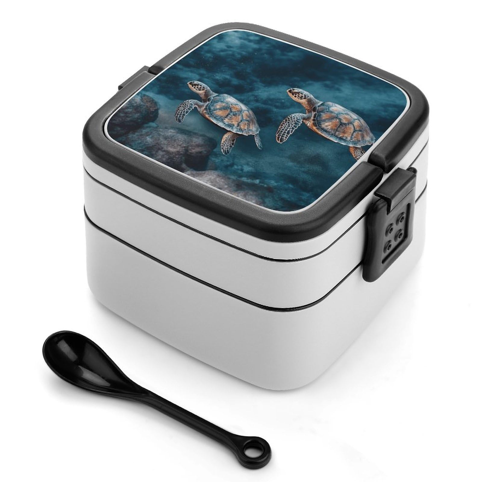 FekiLoot Turtle Swimming in The Sea Bento Box Adult Lunch Box Sealed Bento Lunch Boxes with Spoon Sturdy Double Layer Bento Boxes Snap-on Design Leak Proof Lunch Containers Ideal for Work