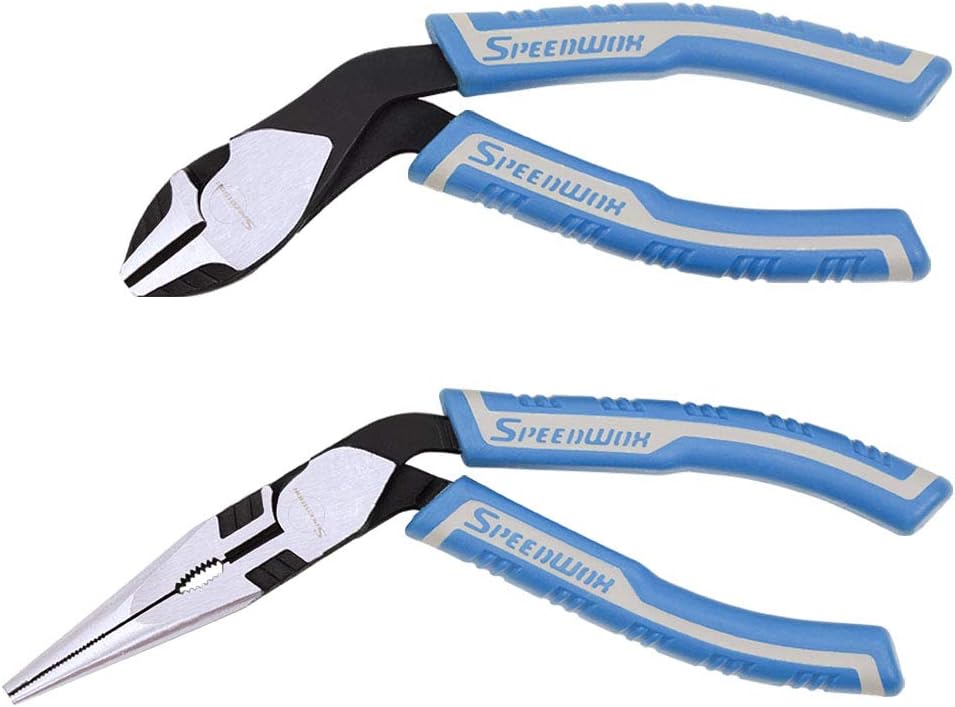 SPEEDWOX 7 Inches Diagonal Pliers 8 Inches Long Nose Pliers 2 Pcs Set Reduce Effort by 35% Angled Head Wire Cutters Side Cutting Multi Use Pistol Grip Remove Screws Bolts