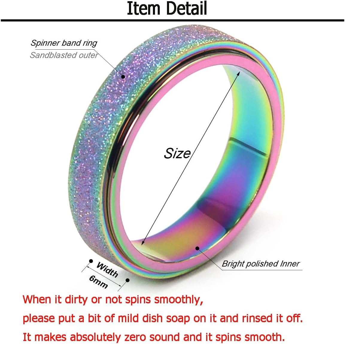 AmorArtSky Anxiety Ring for Women Men, Titanium Stainless Steel Spinner Ring, 5 Colors, 6MM, Size 6-10, 3 Styles Anxiety Ring-Moon Star, Sandblasted Finished, Hollow Outer image 3