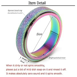 AmorArtSky Spinner Ring for Anxiety Relief Fidget: Anxiety Ring for Women Men, Titanium Stainless Steel Spinner Ring, 5 Colors, 6MM, Size 7, Sandblasted Finished Fidget Ring-Rainbow