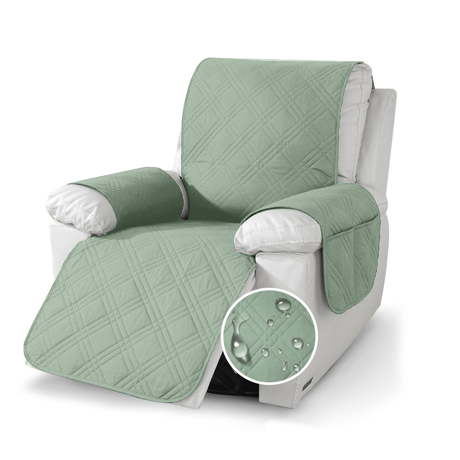 YushengTai Armchair Covers, 100% Waterproof, Anti-Slip, 1 Seater Recliner Chair Cover, Chair Covers for Armchairs with 4 Pockets, 1 Adjustable Straps (Green)