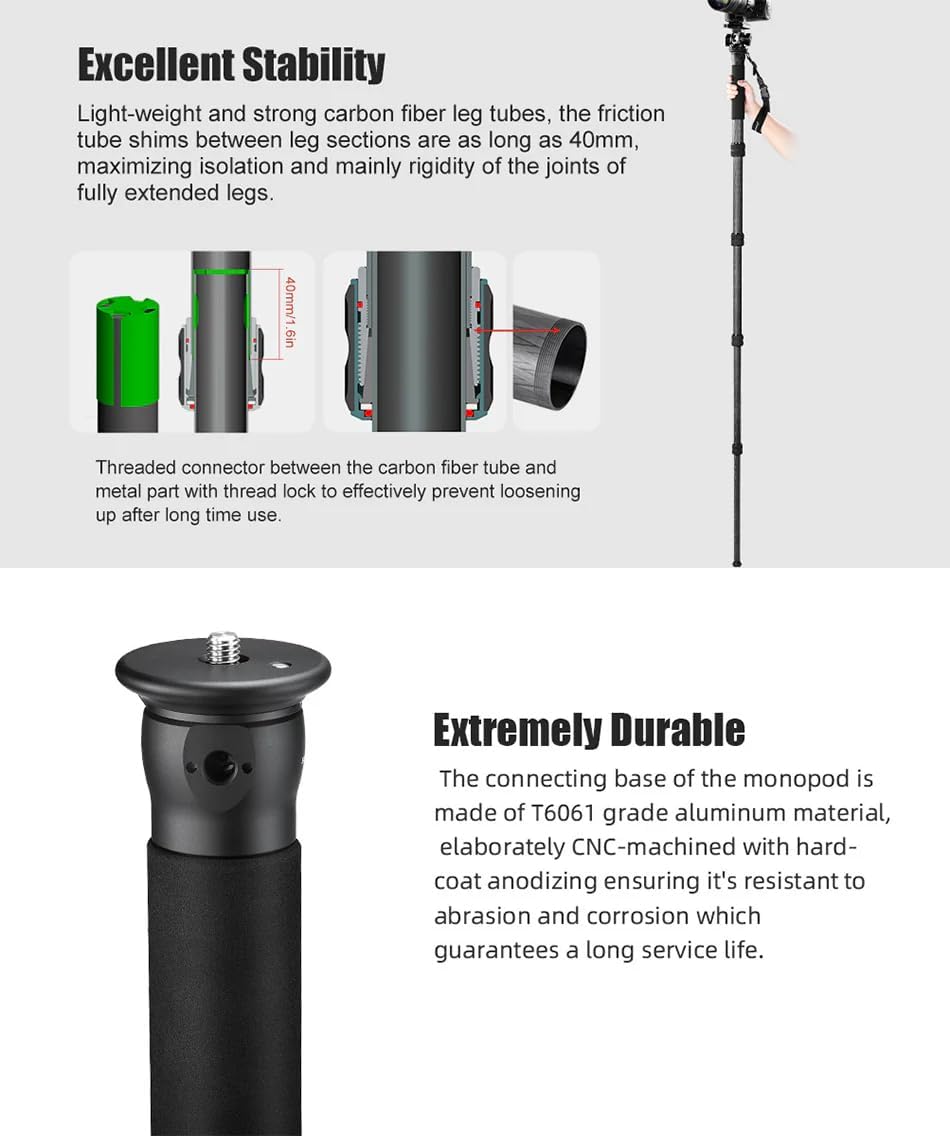 SUNWAYFOTO M3650C + DT-03R CF Monopod 36mm Top Section 10kg 22lb Max Load Carbon Fiber 1/4" / 3/8" Super Portable + Arca Compatible Panning QR Clamp Head