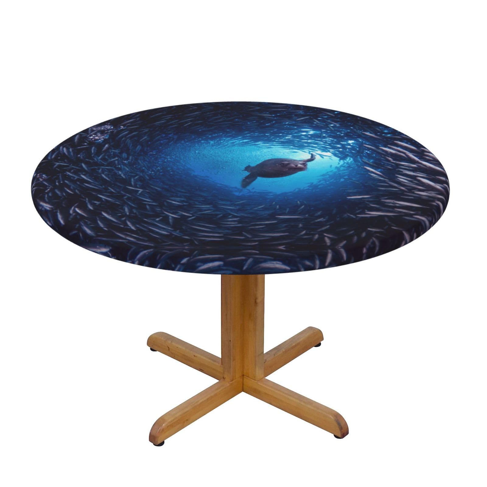 ESNAIUVCD Underwater sea lion print Waterproof Round Tablecloth,Outdoor Table Cloth with Elastic Edged, Elastic Tablecloth Wipeable, Garden Table Cloth Suitable for sizes 90cm-140cm