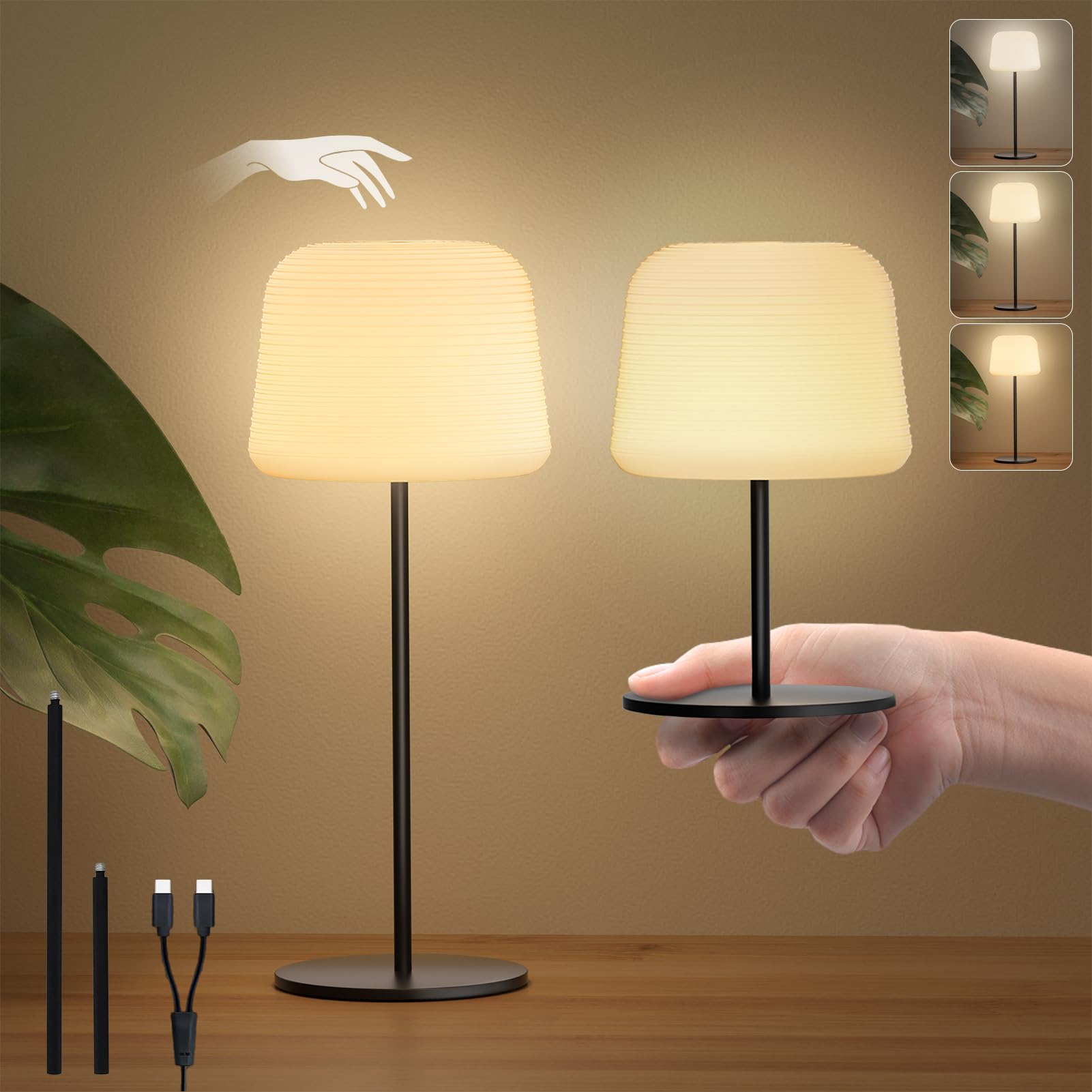 2 Stück 3-in-1 LED Tischlampe Kabellos, Mini Dimmbare Nachttischlampe Mit Touch, USB Aufladbar Mit Akku, 3 Stufen Warmlicht Mit Speicherfunktion, Schutzart IP44, Für Indoor Und Outdoor