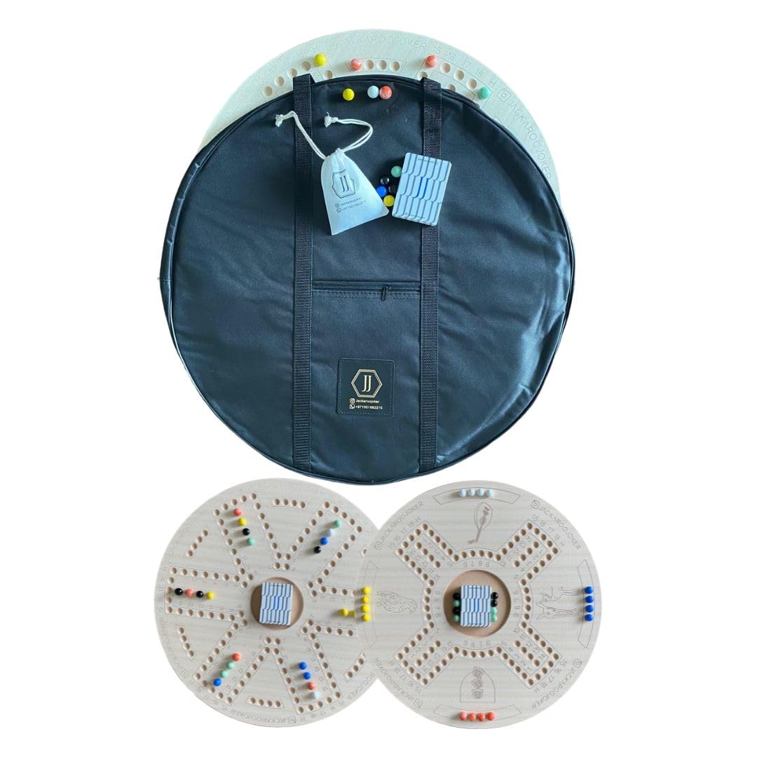 JackaroJoker Wooden Board Game, Beige, Double-Sided, 4-6 Players, With Cards, Marbles and Bag