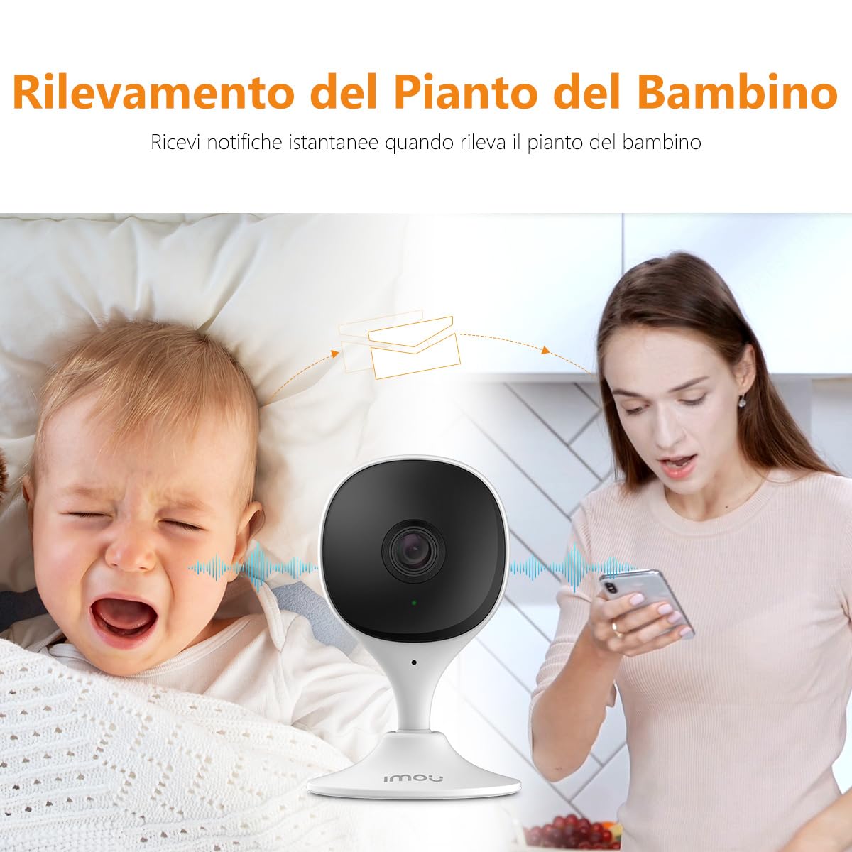 Imou Telecamera Wi-Fi Interno 2K, Telecamera Interna con Rilevazione Umana & Visione Notturna, 3MP Baby Monitor, Audio Bidirezionale, Allarme di Suoni Anormali, Compatibile con Alexa/Google, Cue 2C