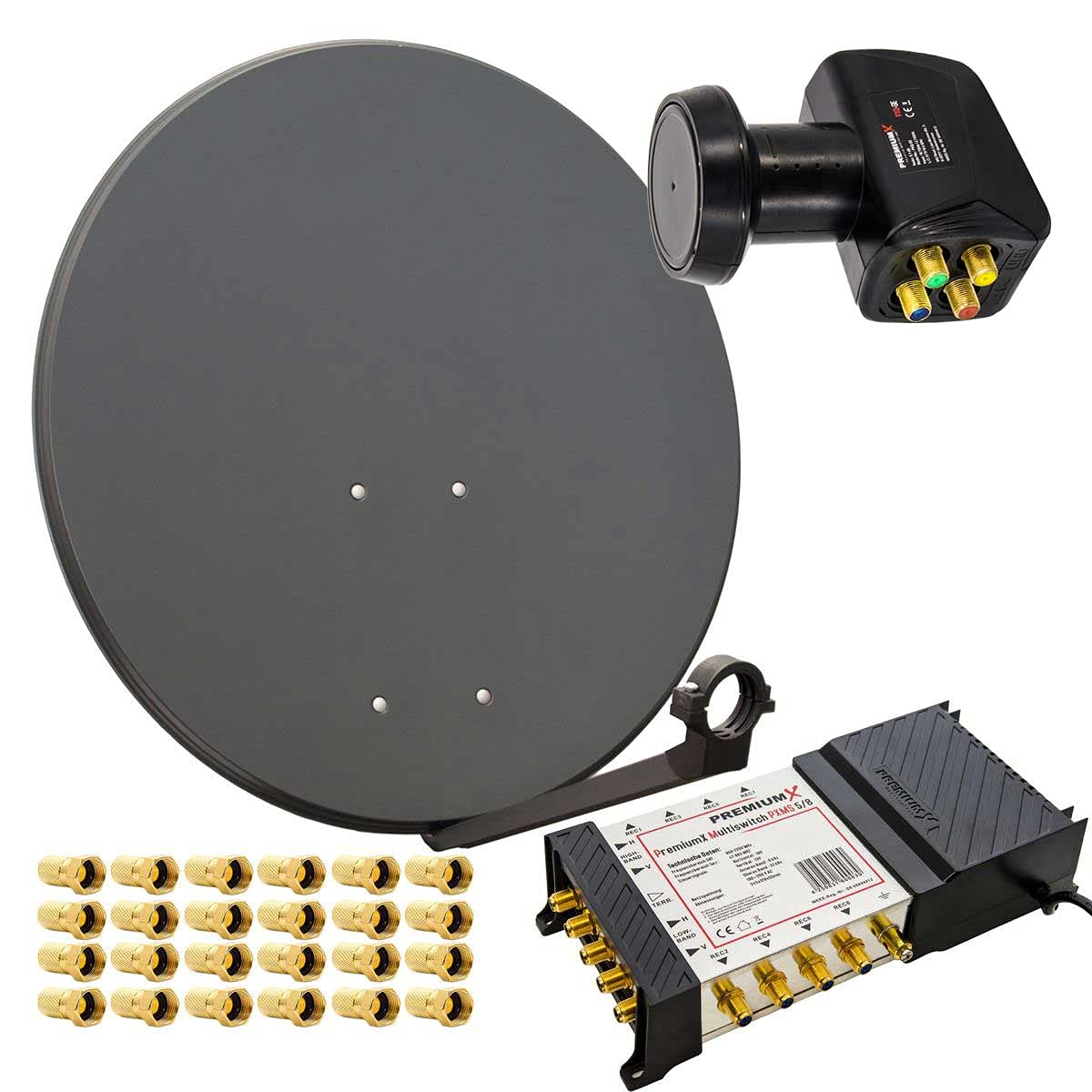 Premium X Satelliten-Komplettanlage 80cm Satellitenschüssel Multischalter 5-8 Multiswitch Quattro LNB 24x Stecker SAT 8 Teilnehmer