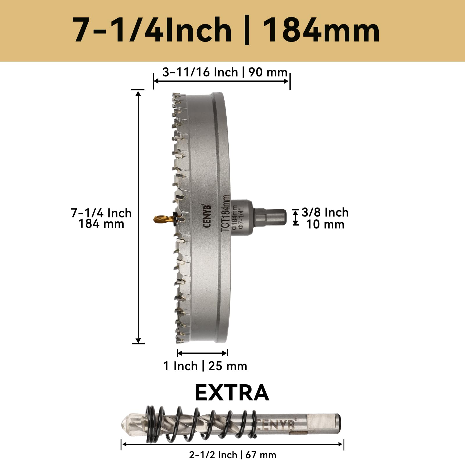7-1/4" (184mm) Coronas Taladros con Broca: para Madera, Metal, Acero Inoxidable y Plástico - Punta de Carburo de Tungsteno y 2 Brocas Guías de Titanio