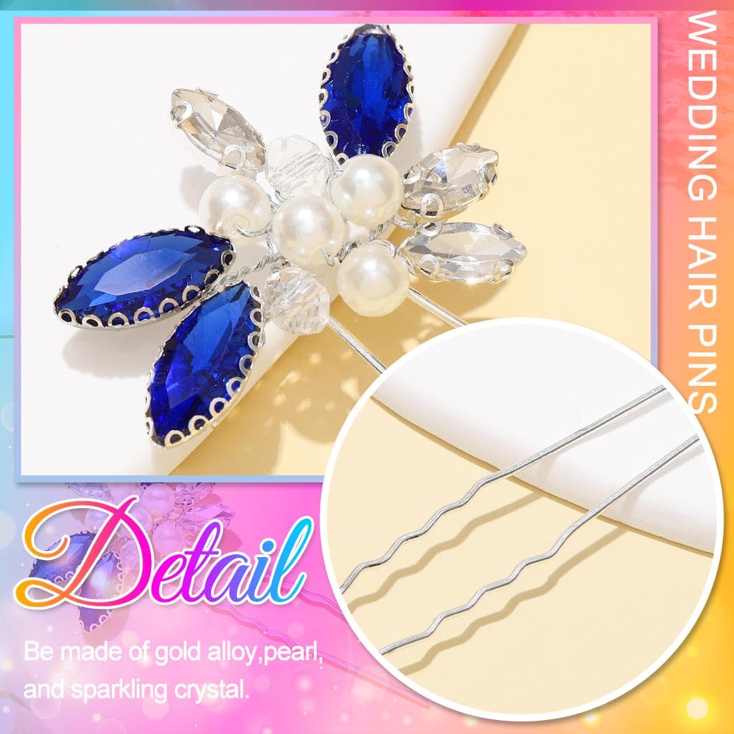 Heread Blue Crystal Bride Wedding Hair Pins Silver Pearl Bridal Hair Pieces Hair Accessories for Women and Girls(Pack of 3) - Image 4