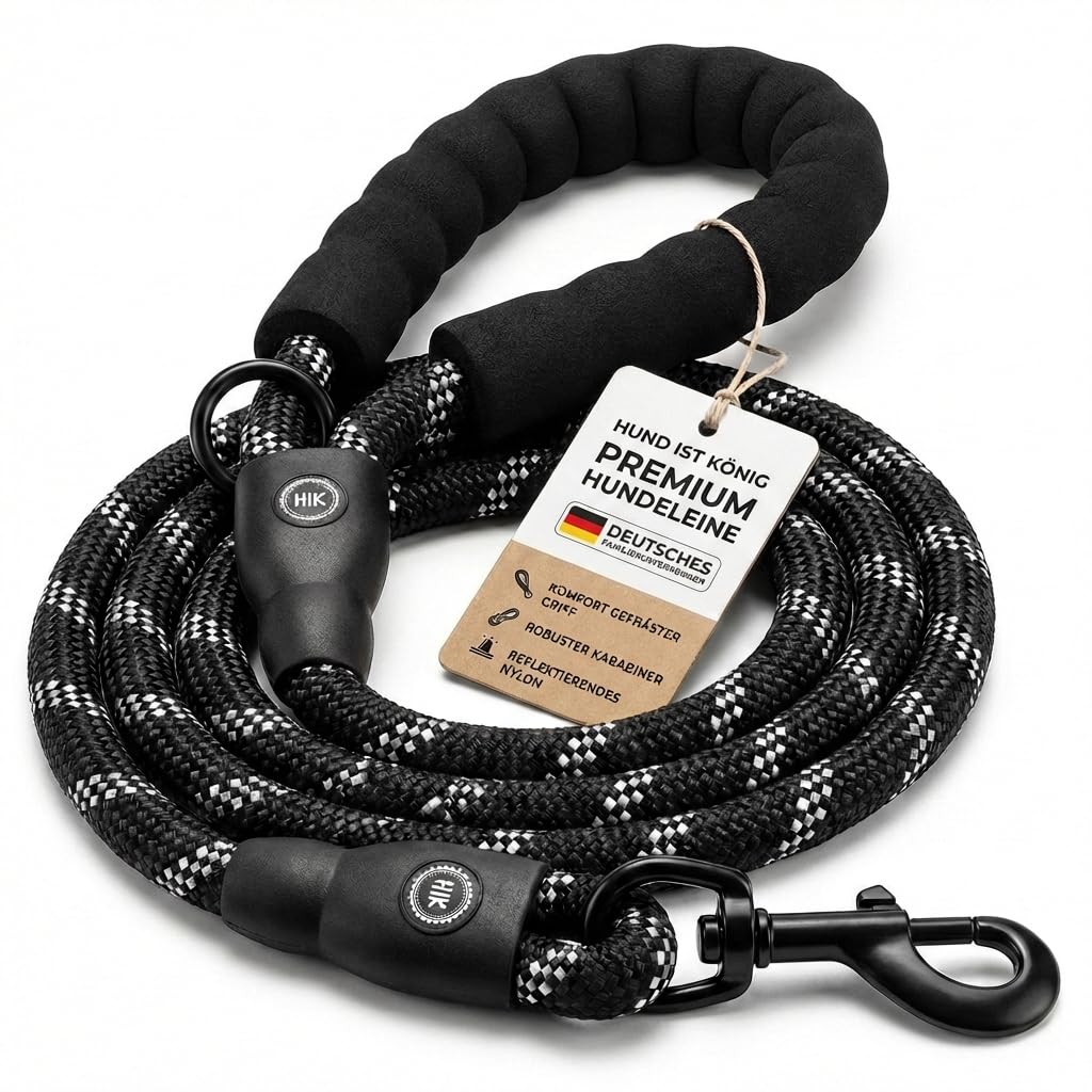 HUND IST KÖNIG Smycz dla psa, na spacery i treningu, z miękkim uchwytem i elementami odblaskowymi, idealna smycz do noszenia na co dzień dla psów o wadze 10-25 kg (True Black, 3,0 x 1,2 cm)