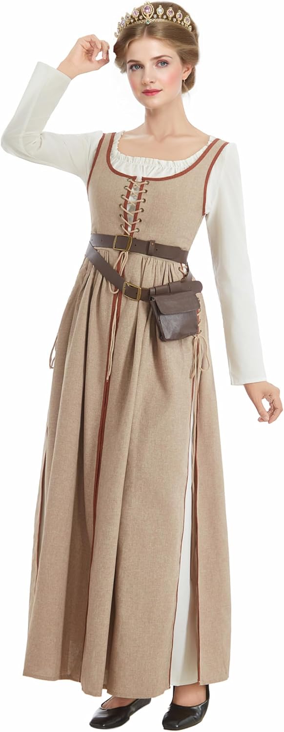 Medieval Renaissance Dress Retro Viking Fake Two Piece Dress with Wasit Bag - Image 2
