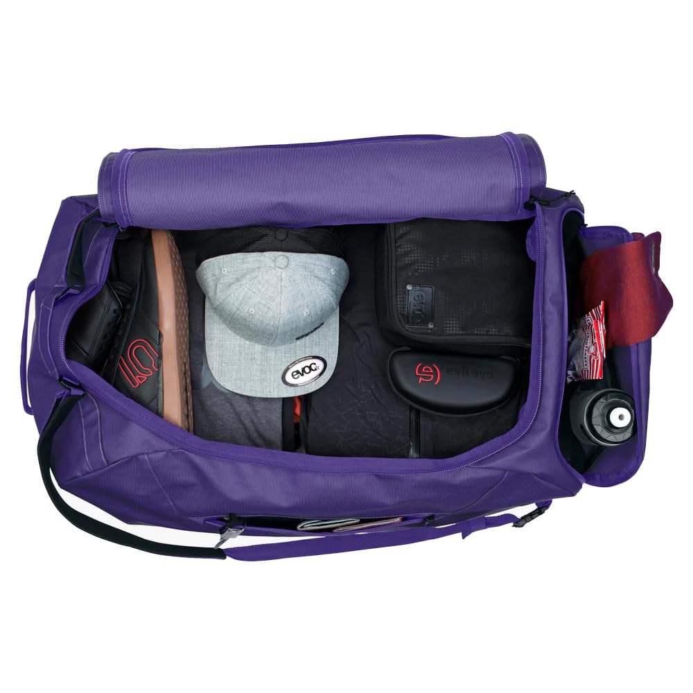 EVOC DUFFLE BAG 100 Wodoodporna torba podróżna i na sprzęt (torba podróżna z odpinanym paskiem do noszenia, uniwersalna i zamykana, bez PVC, rozmiar L), fioletowo-czarna