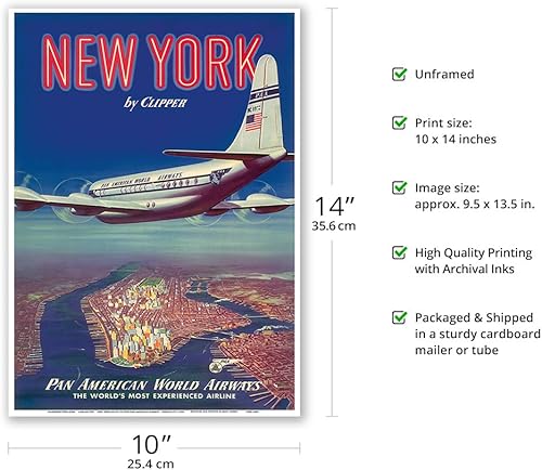 Miniatura 2 de New York USA by Clipper - Boeing 377 sobre la isla de Manhattan - Pan American World Airways - Póster vintage de viaje de aerolínea c.1950 -