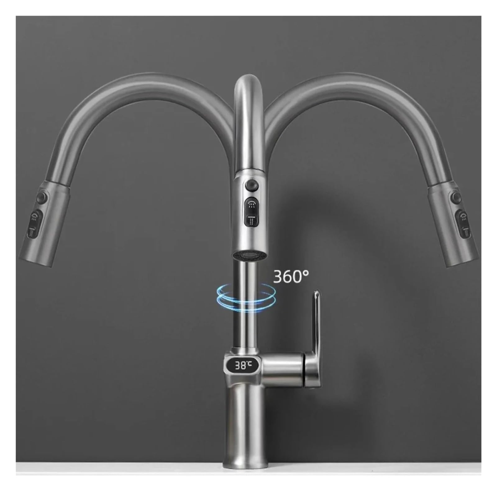 Grifo de cocina acero inoxidable cepillado digital, grifo lavabo giratorio extraíble, válvula mezcladora fría y caliente,Seguro y Confiable(Gun-Grey)