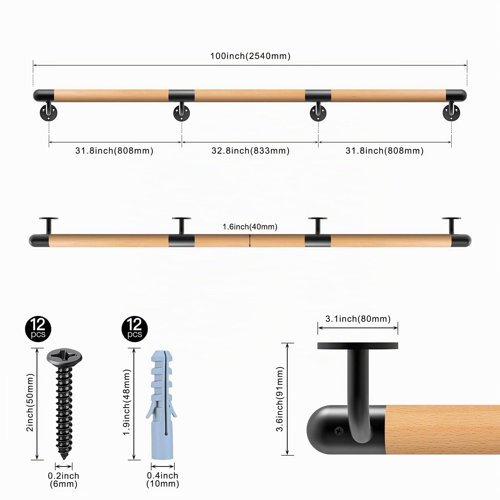 Dolibest Main Courante 250cm Escalier Rampe Escalier Bois Poignée Sécurité | Escaliers Intérieurs Extérieurs,Personnes Âgées Handicapées Enfants,Couloirs Passages Terrasses Balcons,Ronde 3.8cm/227KG