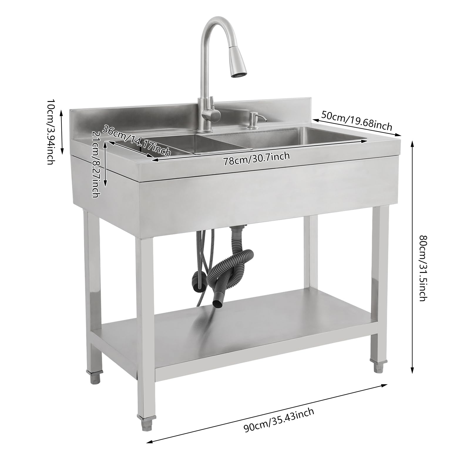 Lavando de acero inoxidable independiente, fregadero individual de cocina rectangular con pedestal, fregadero móvil para cocina, garaje, exterior(90x50x80 cm)