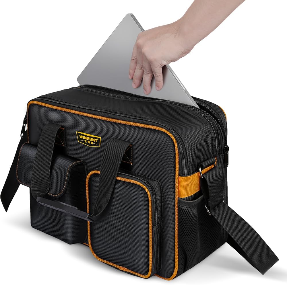 WINHUNT Tool Storage Organizer Bag, 19 Pockets Tool Organizers with Shoulder Strap, Large Zipper, 1680D Oxford Fabric, Black, 38cm