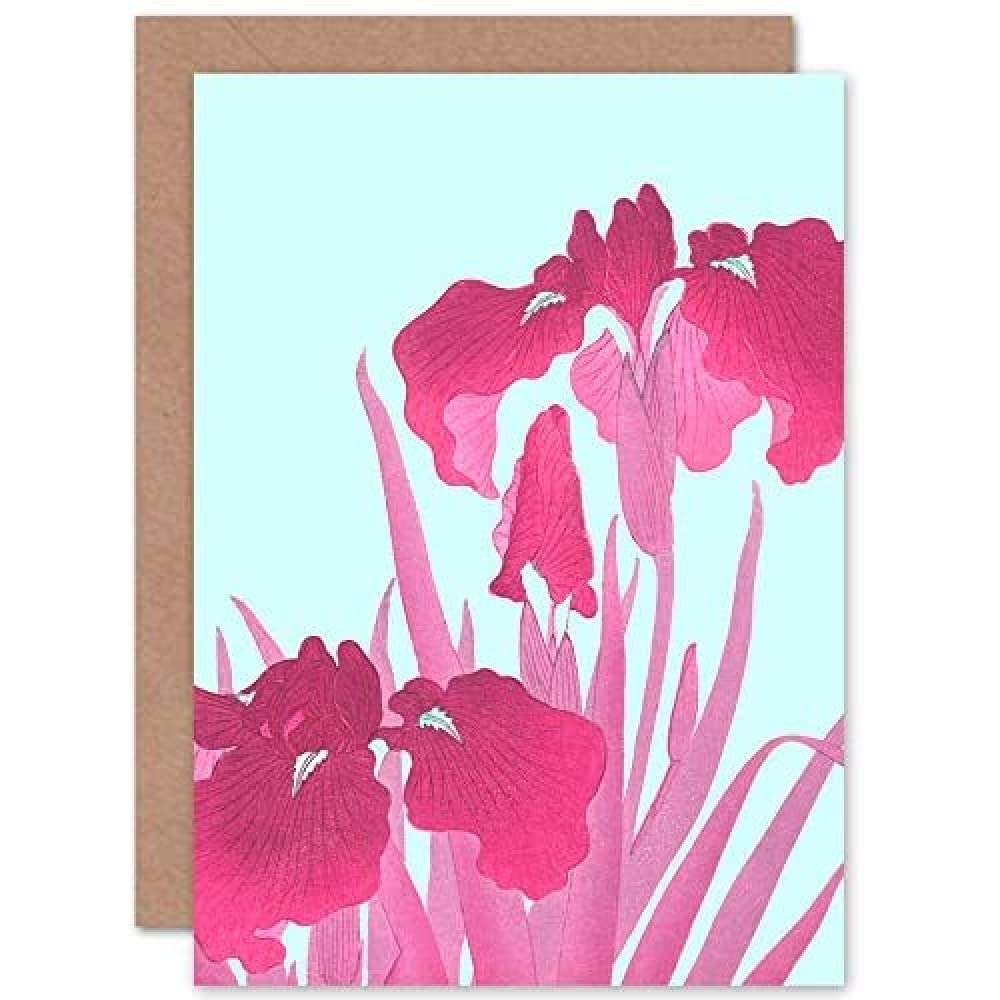 Wee Blue Coo Ohara Koson Pink Iris Flowers Greeting Card With Envelope Inside Premium Quality