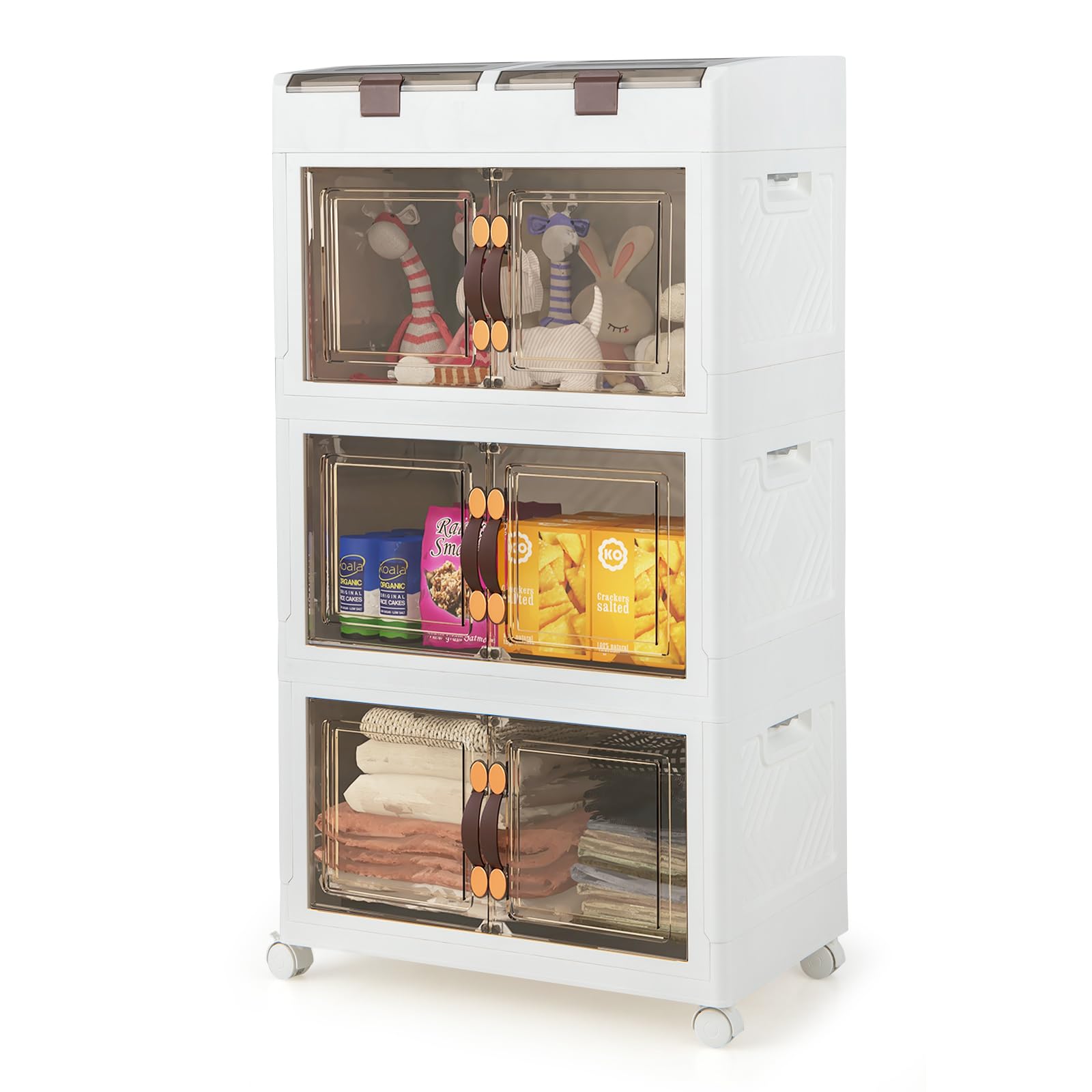 CASARTCollapsible Storage Box, 3/4 Tier Plastic Storage Boxes with Lids, Compartments, Magnetic Doors & Wheels, Stackable Storage Bins Organizer for Living Room Bedroom Entryway Kitchen (3-Tier 160L)