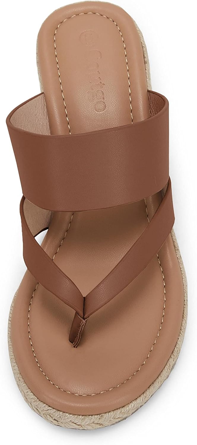 Coutgo Women's Espadrille Wedge Sandals Platform Thong Leather Strap Slides Backless Slip On Summer Casual Flip Flops - Image 4