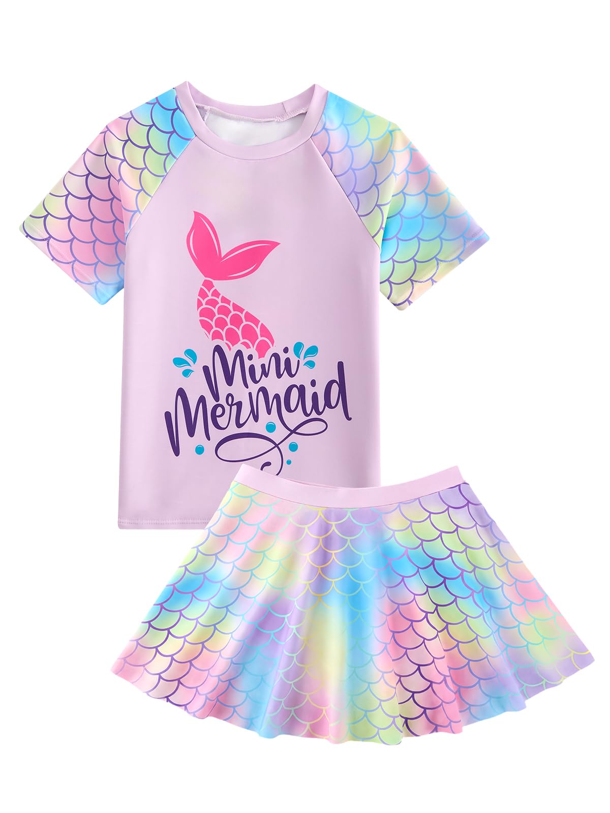 JiAmy Conjunto de traje de baño para niñas, camiseta de manga corta con pantalones cortos de natación con falda, degradado de escamas de peces, traje de baño de playa para niños de 3 a 8 años