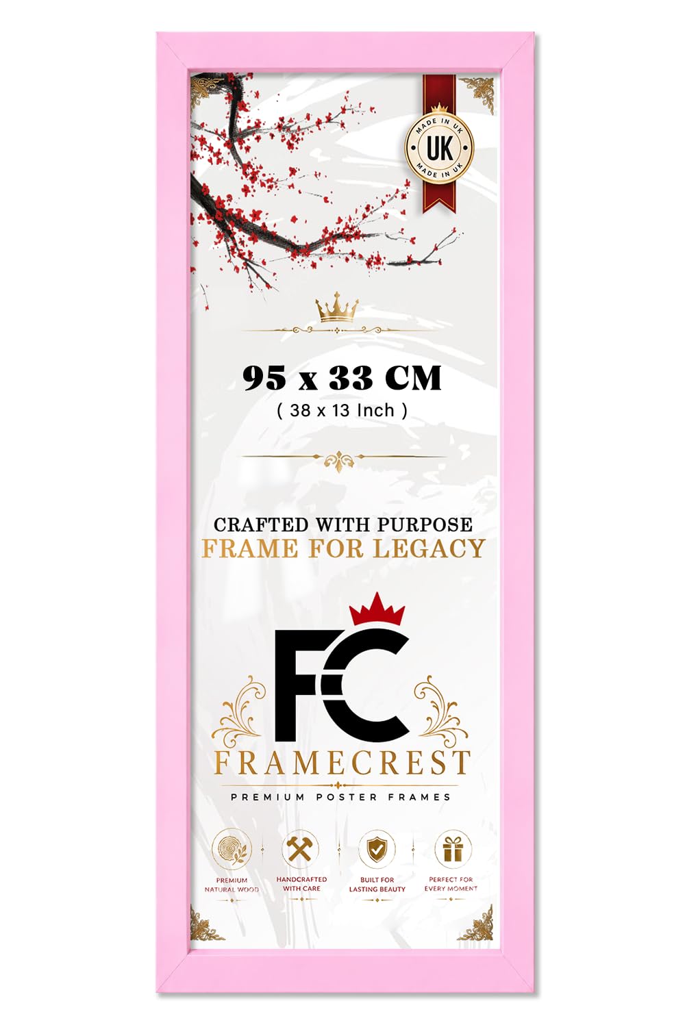 FRAMECREST LTD Panoramic Poster Frame 95 X 33 CM (38 X 13 Inch) Large Wall Mount For Landscape Prints And Photos, Minimalist Gallery Wall Display For Living Room Or Office - [Pink]