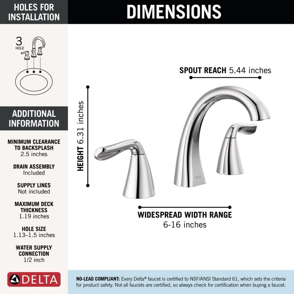 Delta Vesna Brushed Nickel Bathroom Faucet 3 Hole, 8 Inch Widespread Bathroom Sink Faucet for Vanity, Push-Pop Drain Assembly, SpotShield Brushed Nickel 35789LF-SP - Image 4
