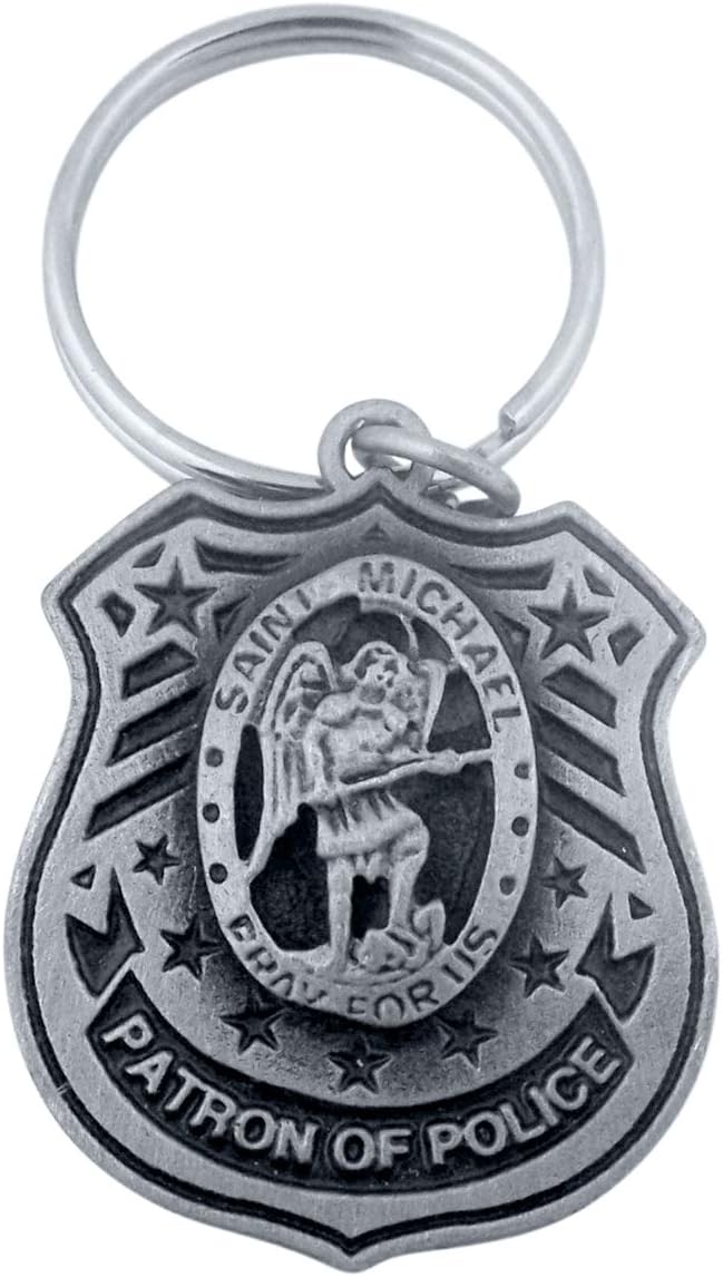 Pewter Patron of the Police Saint Michael Protect Us Medal Key Chain, 1 1/2 Inch