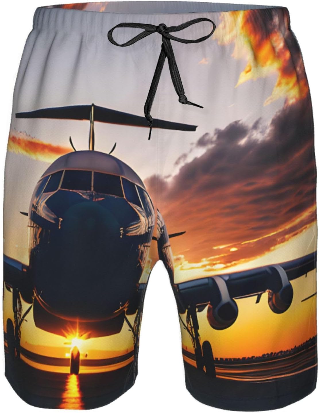 Aircraft Plane at Sunset Print Mens Casual Shorts Drawstring Summer Beach Stretch Shorts Novelty Swimtrunks