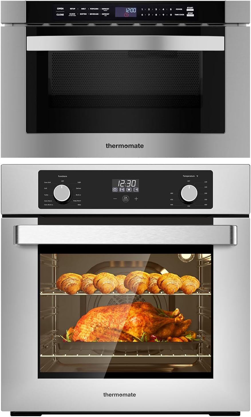 ThermoMate 24 Inch Built-in Microwave Drawer with Automatic Presets + 24" Electric Built-in Oven with 9 Cooking Functions in Stainless Steel