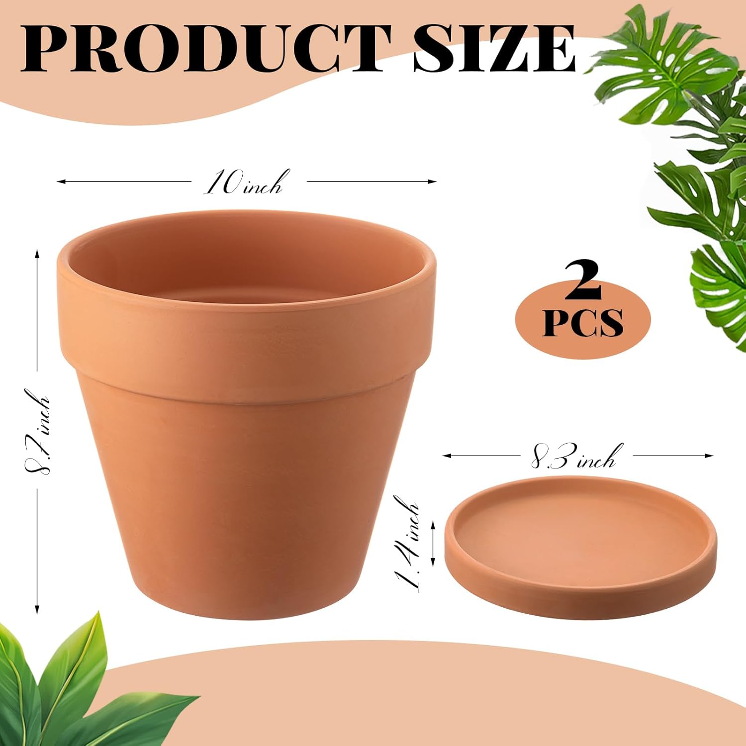 Maxdot 2 Pack Large Terracotta Pots with Saucer - 10 Inch Ceramic Clay Pot for Plants with Drainage Hole, Large Terra Cotta Flower Planter with Tray for Indoor Outdoor Plants