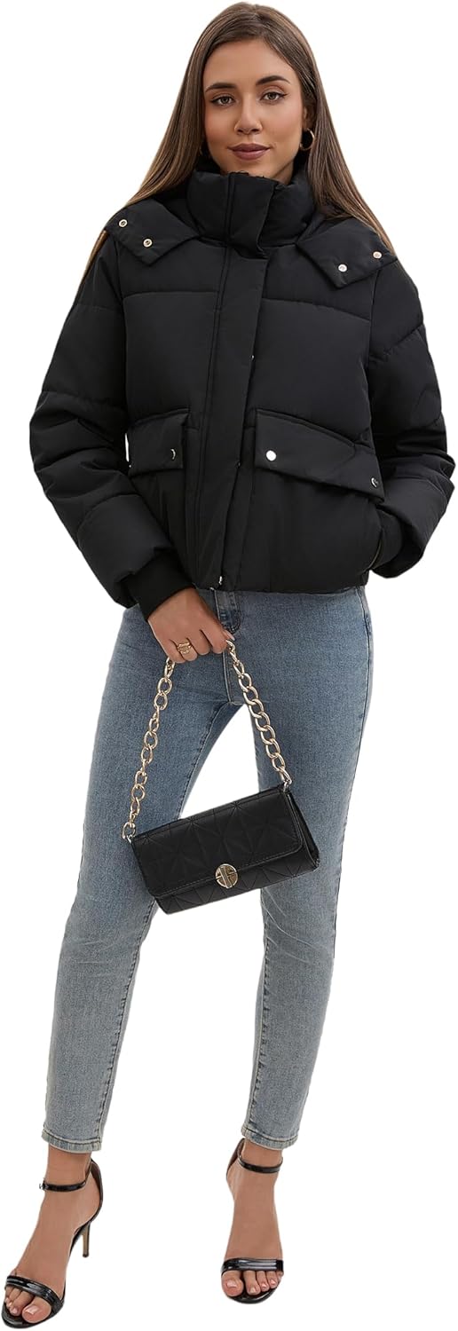 Women's Fleece Lined Puffer Jacket, Winter Warm Hooded Quilted Jacket, Water-Resistant Short Outerwear - Image 3