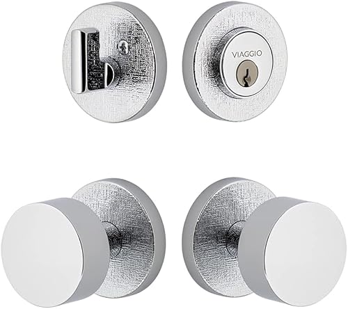Viaggio 628523 Pomo de latón con roseta de lino cromado brillante y cerrojo a juego, juego de fondo: 2-3/8"