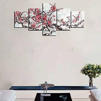 Amazon.co.jp: 梅の花 ウォールアート 伝統的な中国の水墨画 5ピース