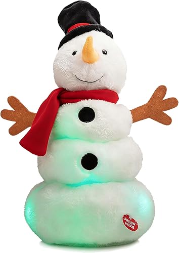HollyHOME - Muñeco de nieve animado de peluche que canta y baila con luces LED, juguete navideño de peluche para niños