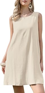 Allegra K Ärmelloses Leinenkleid für Damen, Sommer, Rundhalsausschnitt, A-Linie, Freizeitkleider mit Taschen