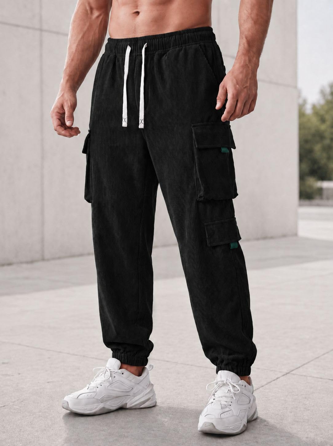 Men's Corduroy Cargo Cargo Pants Drawstring Waist Joggers with Pockets