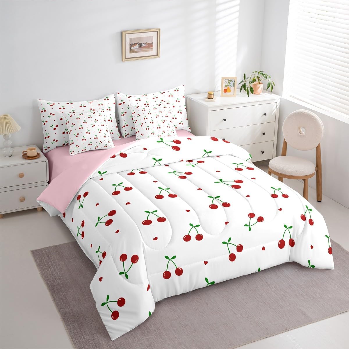 Erosebridal Cherry Twin Bed in A Bag for Kids Boys Girls Room Decor,Cute Red Cherry Comforter Set with Sheets Cartoon Summer Fruit 7 Piece Bedding Set Kawaii Cherries Sheet Set with Comforter