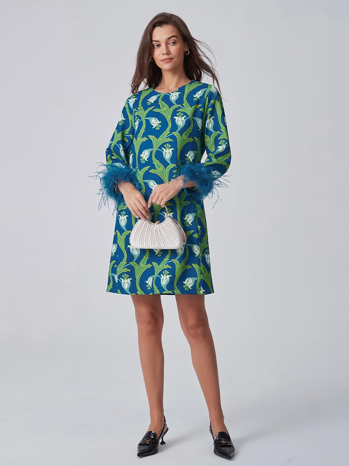 D-Sun Women Feather Dress Round Neck Casual 3/4 Feather Sleeves Party Dress Elegant Wedding Guest Cocktail Mini Dresses - Image 7