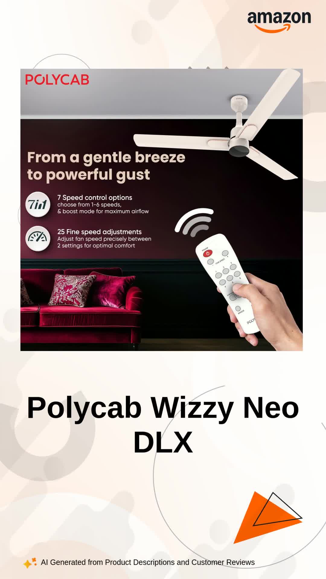 Buy Polycab Wizzy Neo DLX 1200mm 5-Star BLDC, Remote Ceiling Fan