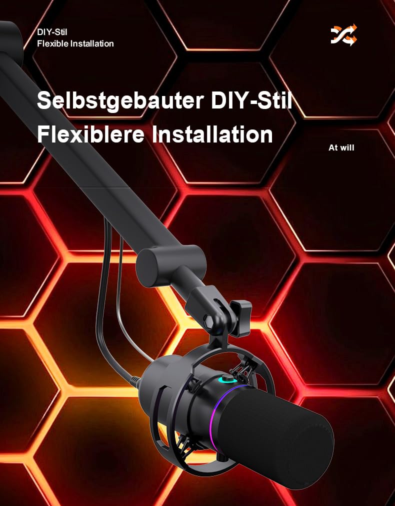 KO-Star M-690 Dynamisches Mikrofon mit Schwenkarm – USB-C & XLR, Niere (Cardioid), 192 kHz/24 Bit, Monitoring, Gain & Lautstärke-Regler, Mute/Noise-Reduction, RGB