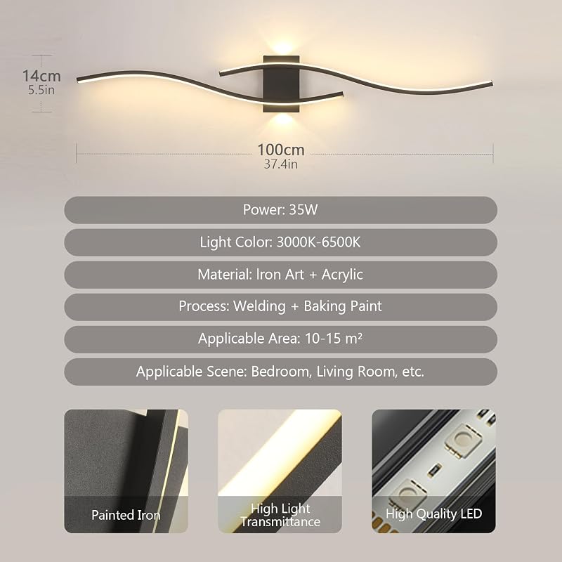 SUCIKORIO Modern LED Fali Lámpa 100 cm - 35W Fekete Alumínium Világítás 3000K-6500K Állítható Fényerővel - Nappali, Hálószoba, Folyosó Falik