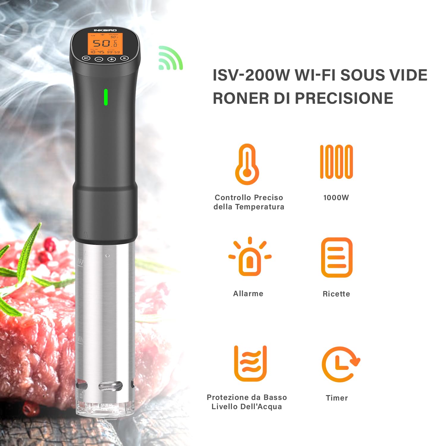INKBIRD WiFi Sous Vide Roner 1000W Professionale 0°C~90°C Cottura Bassa Temperatura con Ricette APP ISV-200W