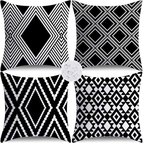 NIGHTWISH Outdoor Waterproof Pillow Covers 18x18 Set of 4 Black and White Modern Geometry Decorative Outdoor Throw Pillows Boho Cushion Cases for Patio Furniture Bench Couch Sunbrella