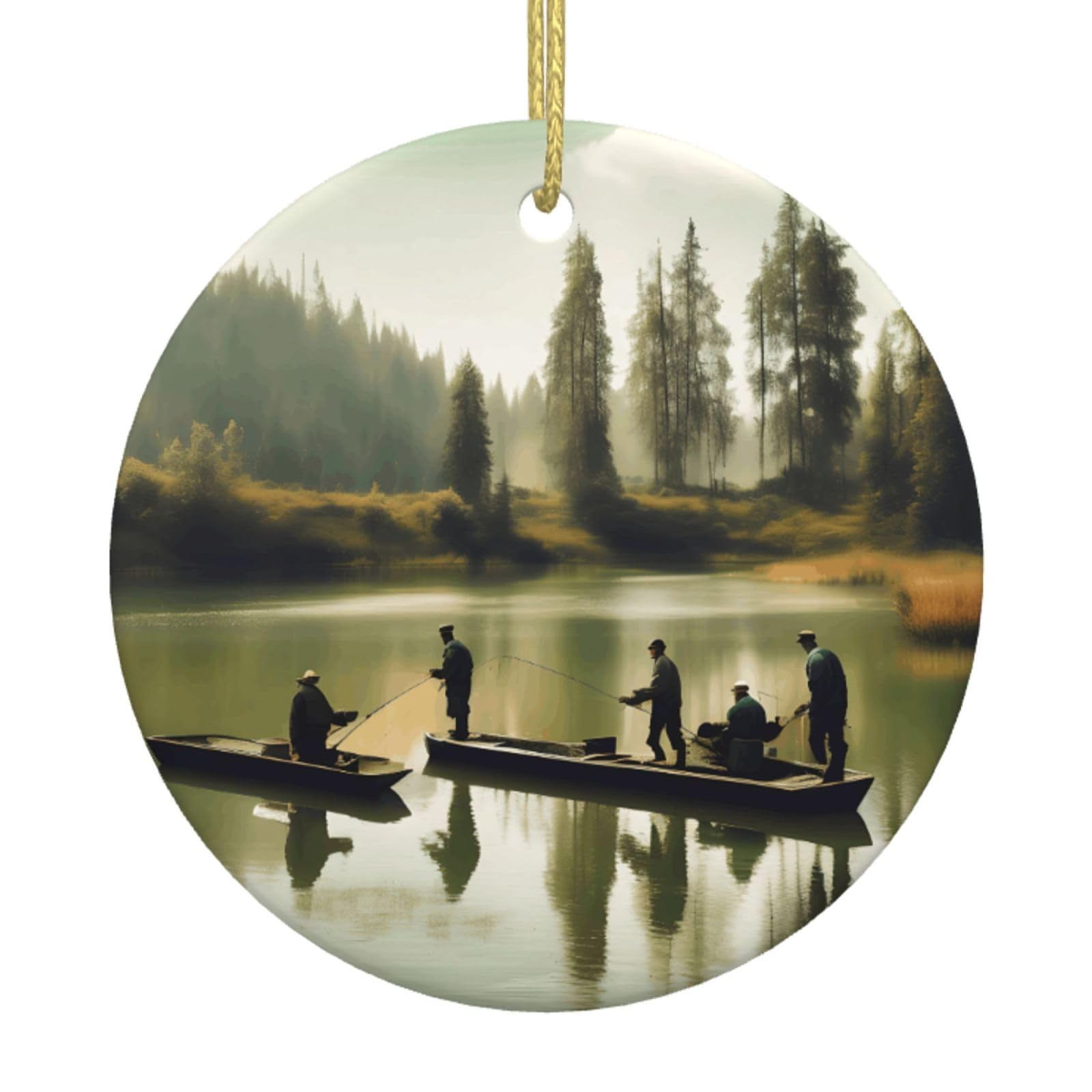 Fishing Lake Fishermens Print Christmas Ornaments, Ceramic Hanging Ornament, Round Shape Decorations