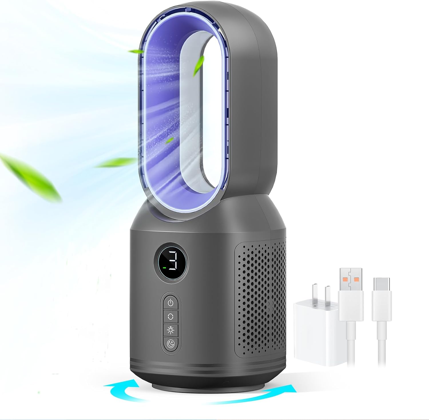 Desk Fan,13 Inch Portable Bladeless Fan, Small Quiet Office Fan with 106° Oscillating, 3 Speeds & Night light, LED Display, Button Control, Personal Table Fan for Bedroom, Office, Home, Study Room Grey