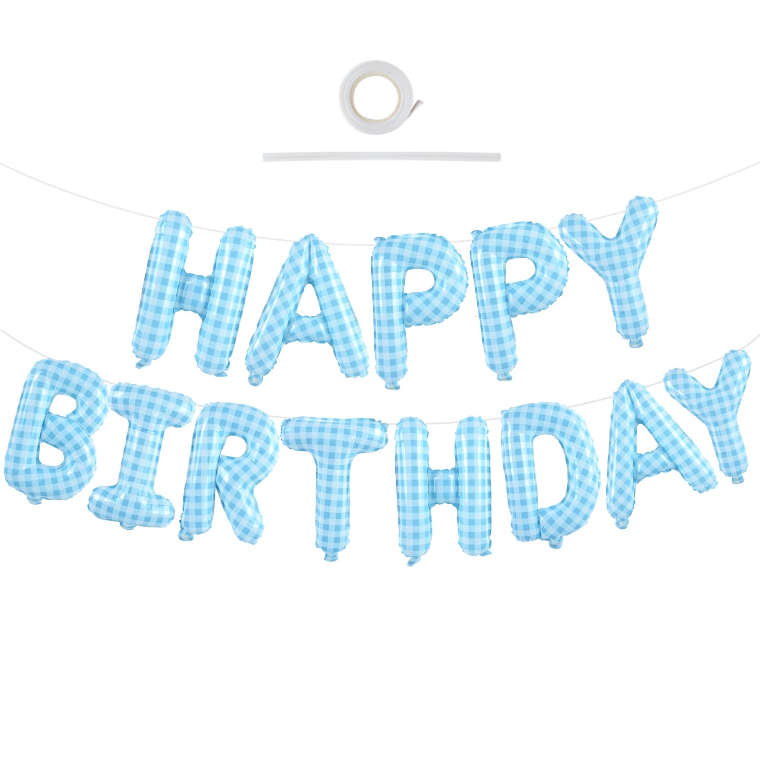 TONIFUL 16 Inch Blue White Gingham Happy Birthday Foil Balloon — image 1